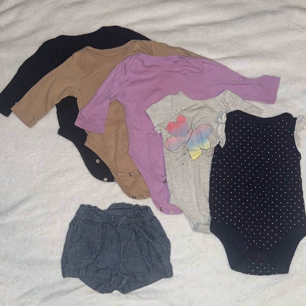 Multi Brand & Color Girls Onesie Bundle of 5 and 1 pair of Shorts 6-12M